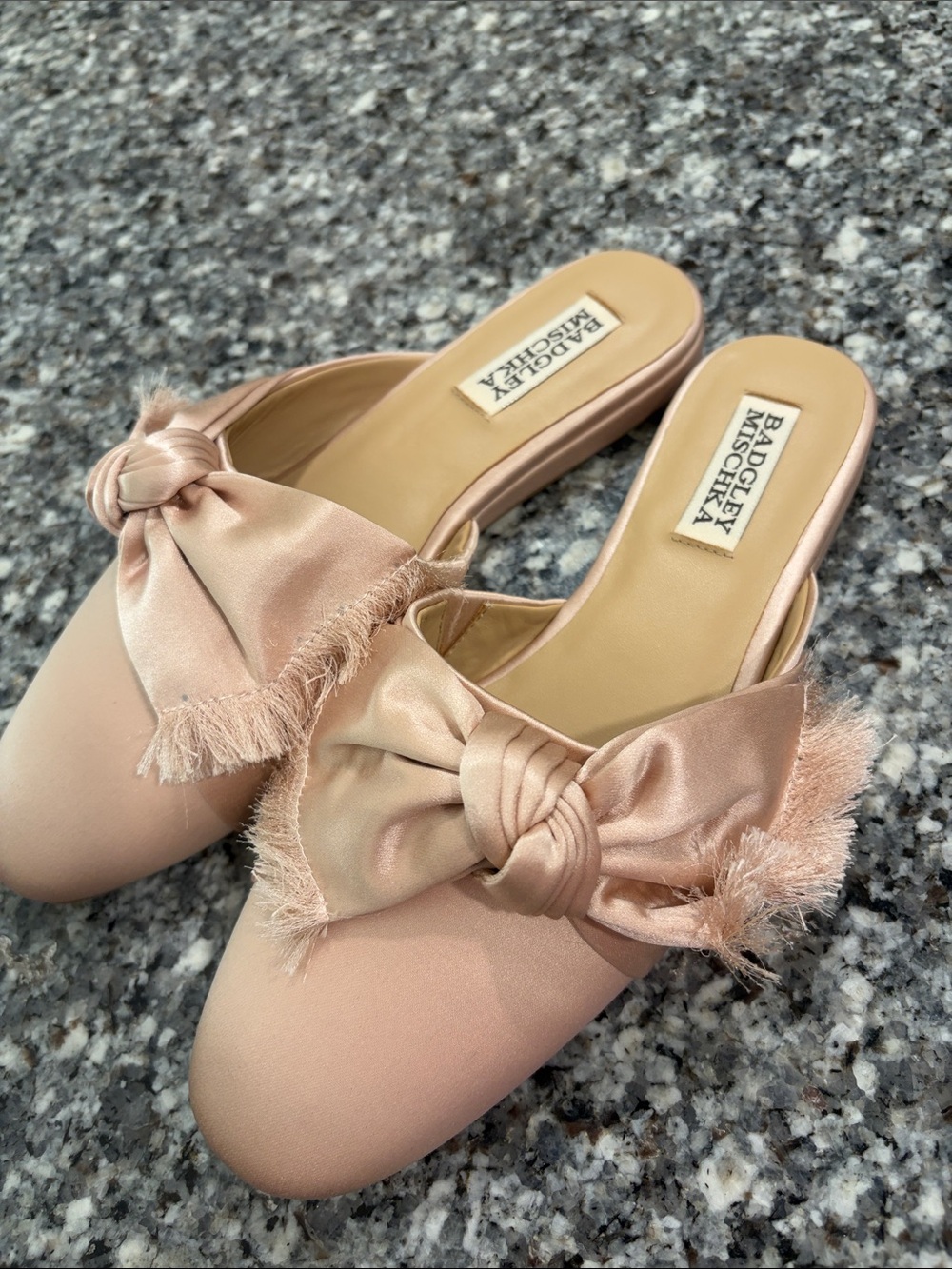 Badgley Mischka Blush Satin Knot-Trim Slide Mules